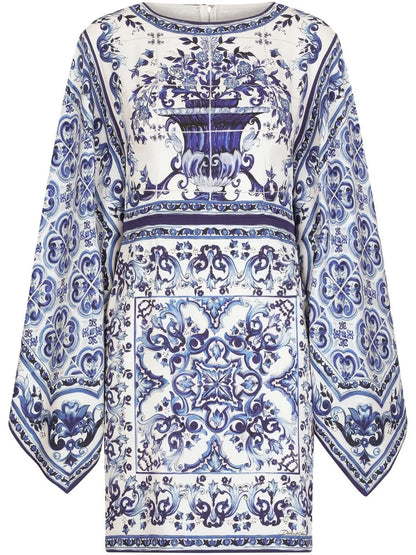 Majolica-Print Batwing-Sleeve Minidress