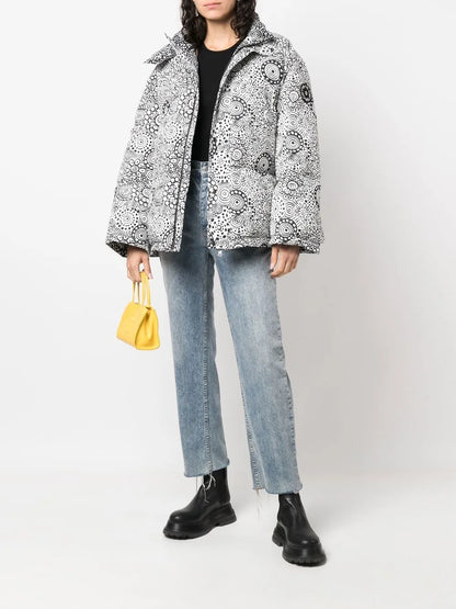 Abstract-Print Hooded Puffer Jacket