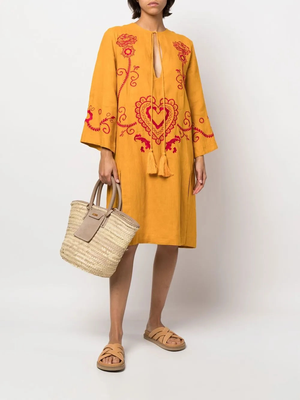 Embroidered Wide-Sleeve Kaftan Dress