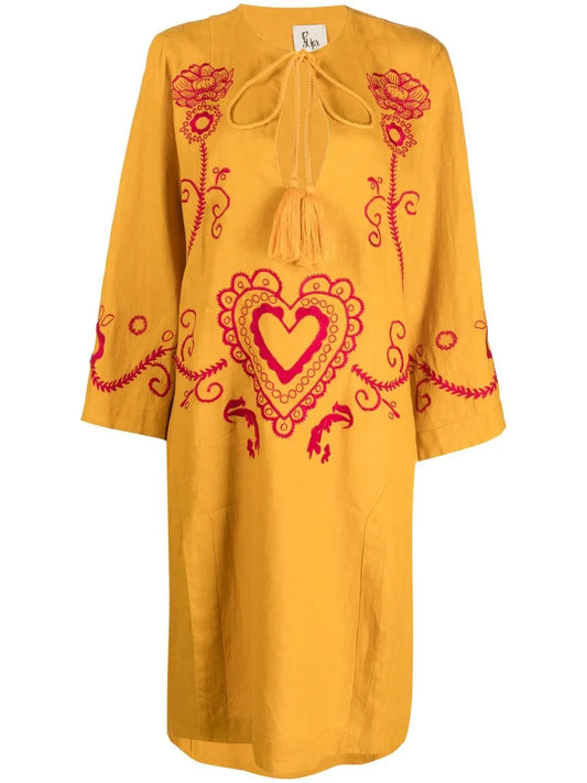 Embroidered Wide-Sleeve Kaftan Dress