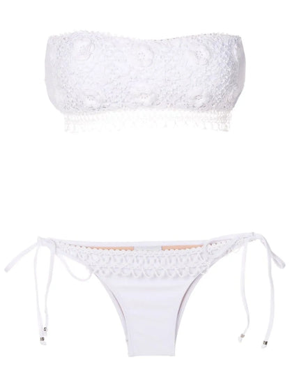 Floral-Embroidery Strapless Bikini Set