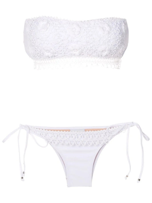Floral-Embroidery Strapless Bikini Set