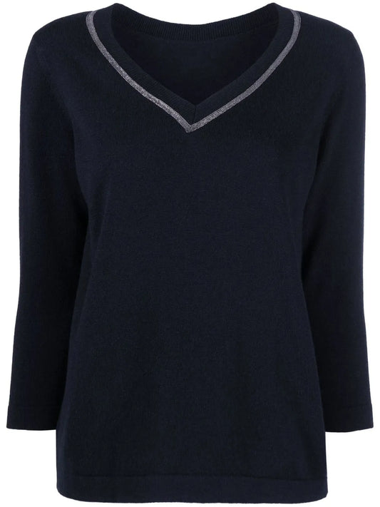 Metallic Trim V-Neck Jumper