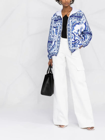Majolica-Print Hooded Windbreaker