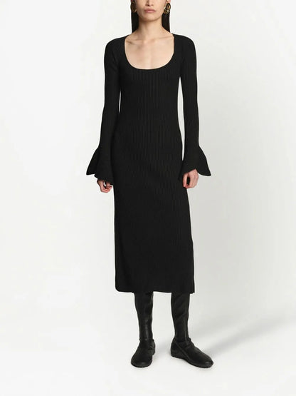 Ribbed-Knit Flute-Sleeved Dress