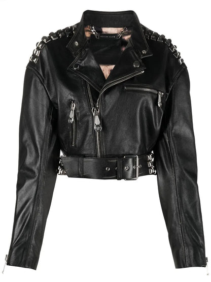 Rock-Stud Cropped Leather Jacket