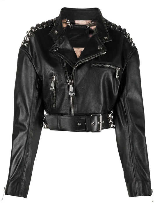 Rock-Stud Cropped Leather Jacket