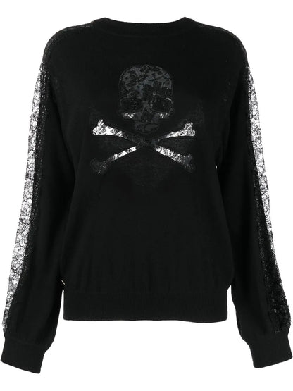 Lace-Panelling Skull-Print Sweatshirt