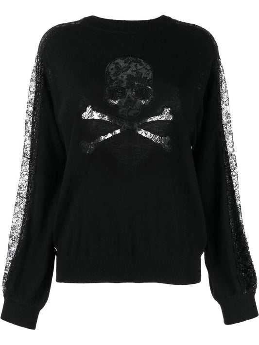 Lace-Panelling Skull-Print Sweatshirt