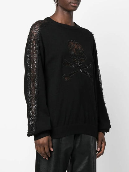 Lace-Panelling Skull-Print Sweatshirt
