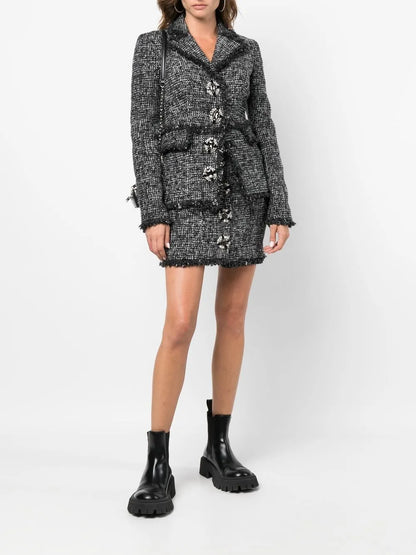 Belted-Waist Tweed Blazer