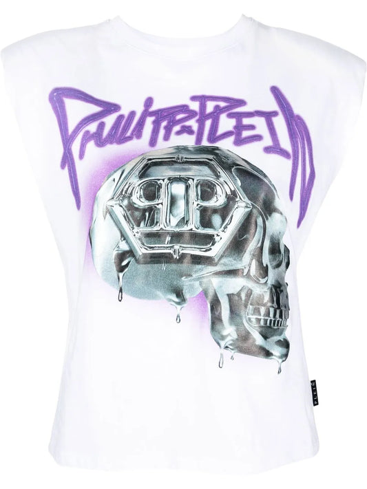 Skull-Print Padded-Shoulder Tank Top