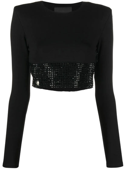 Crystal-Embellished Cropped Long-Sleeved Top