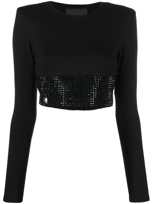 Crystal-Embellished Cropped Long-Sleeved Top