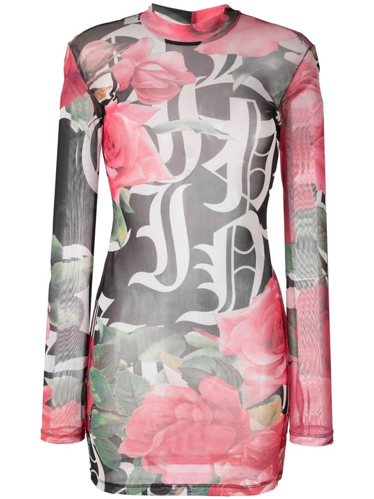 Logo-Print Semi-Sheer Mini Dress