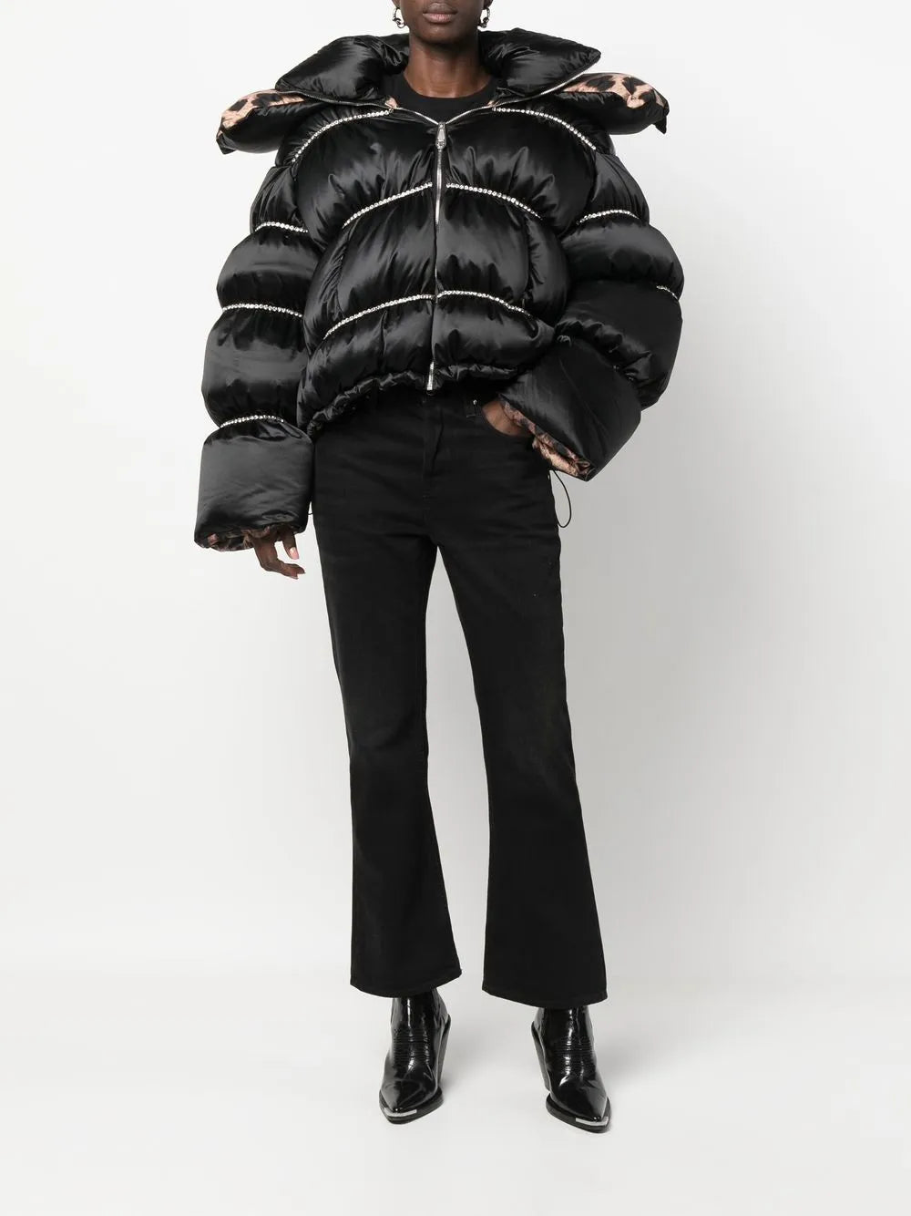 Flame Embellished Oversized Puffer Jacket