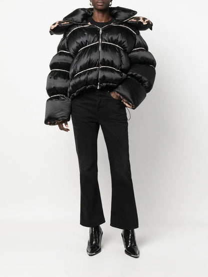 Flame Embellished Oversized Puffer Jacket