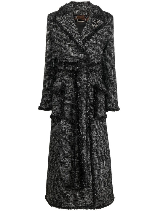 Belted-Waist Bouclé Coat