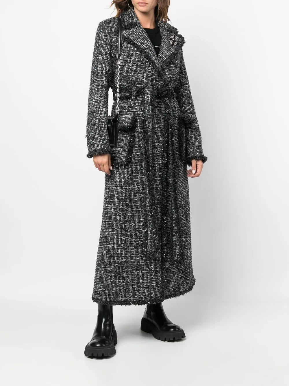 Belted-Waist Bouclé Coat