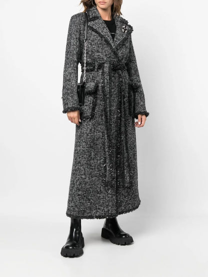 Belted-Waist Bouclé Coat