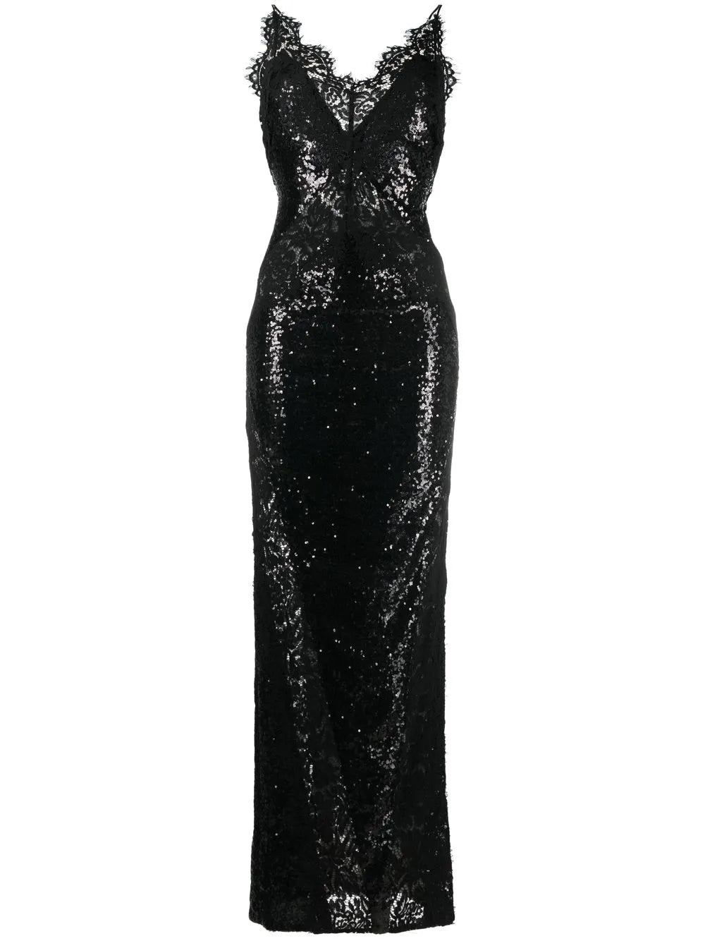 Sequin-Embellished Lace-Detail Maxi Dress