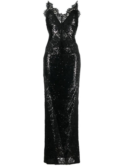 Sequin-Embellished Lace-Detail Maxi Dress