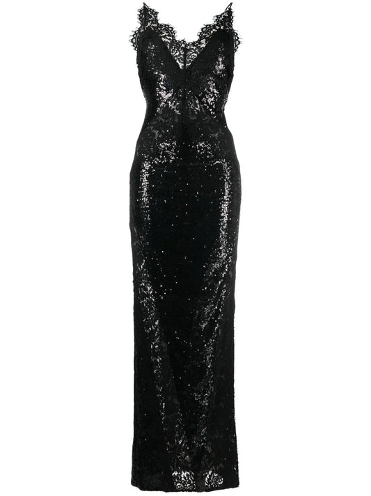 Sequin-Embellished Lace-Detail Maxi Dress