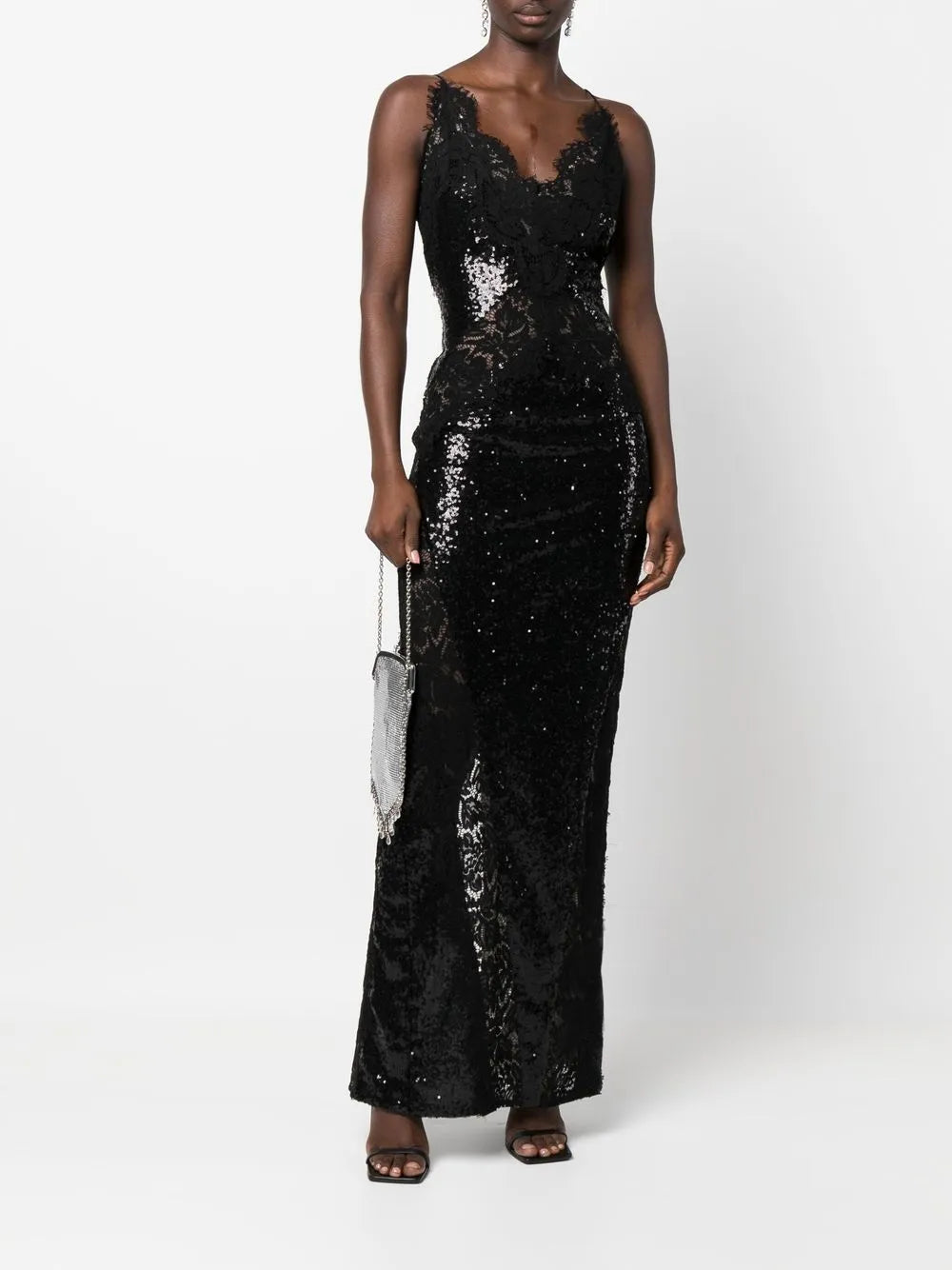Sequin-Embellished Lace-Detail Maxi Dress