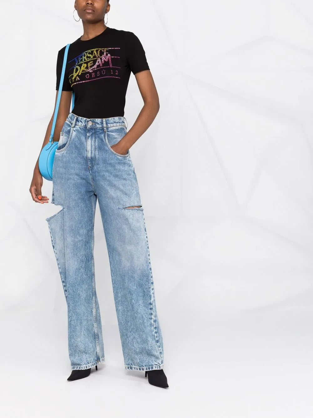 Rhinestone-Embellished Slogan T-Shirt