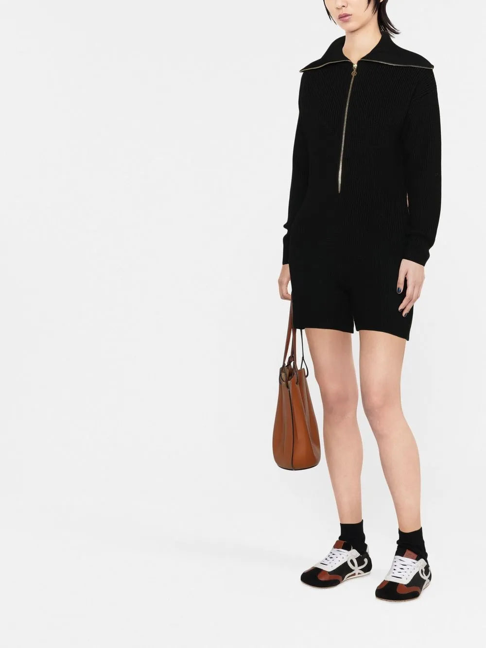 Ribbed-Knit Long-Sleeved Playsuit