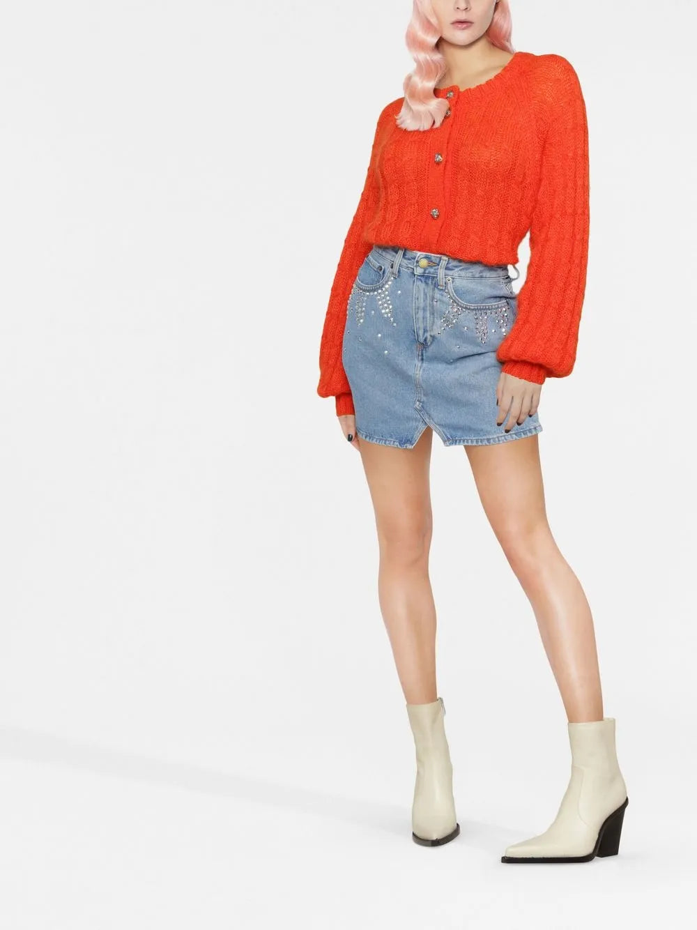 Rhinestone-Embellished Denim Skirt