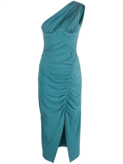 Ruched One-Shoulder Midi Dress