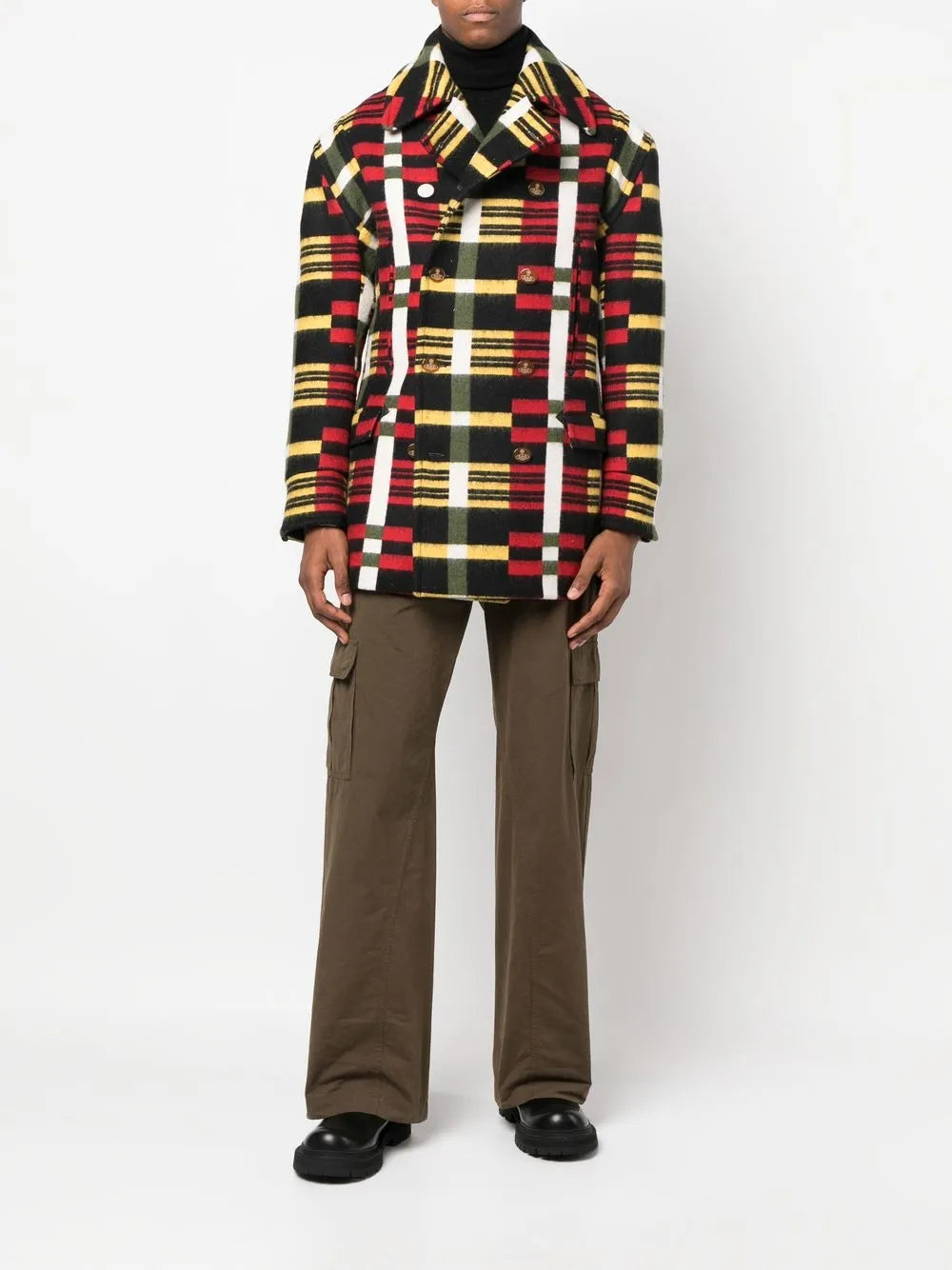 Check-Print Double-Breasted Coat