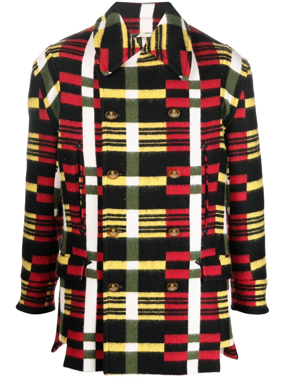 Check-Print Double-Breasted Coat