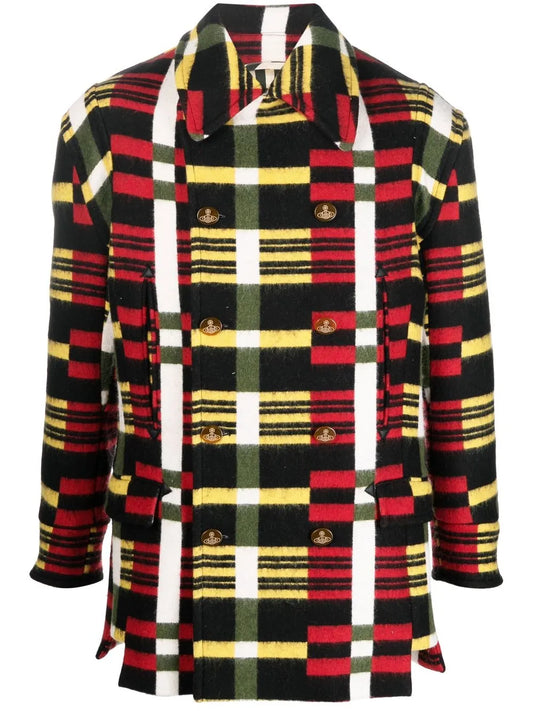 Check-Print Double-Breasted Coat