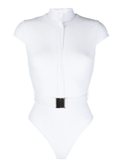 Belted Cap-Sleeve Swimsuit