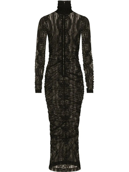 Semi-Sheer Lace Roll-Neck Dress