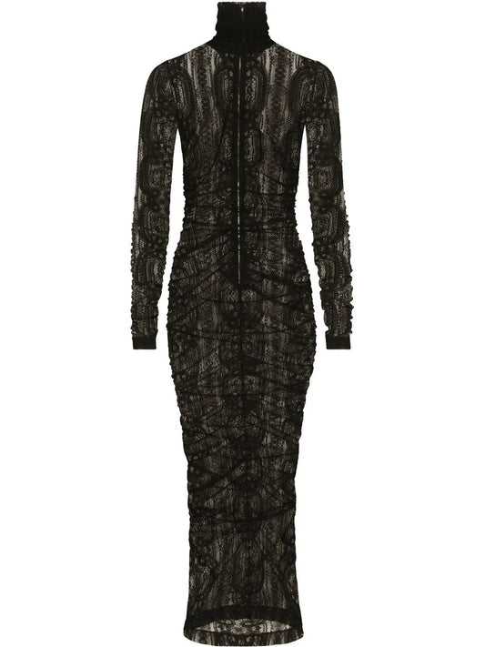 Semi-Sheer Lace Roll-Neck Dress