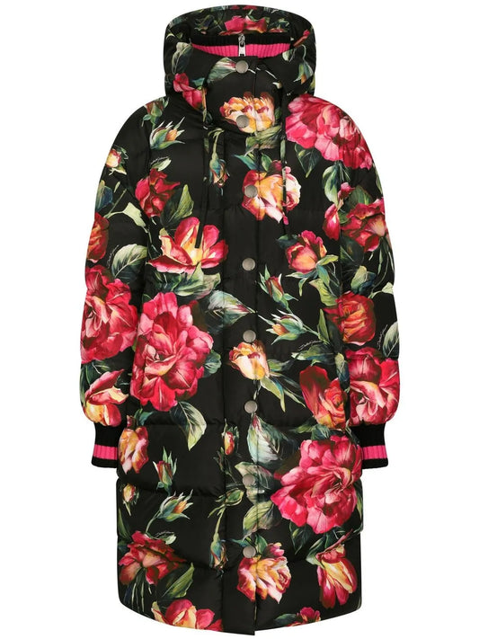 Long Floral-Print Down Jacket
