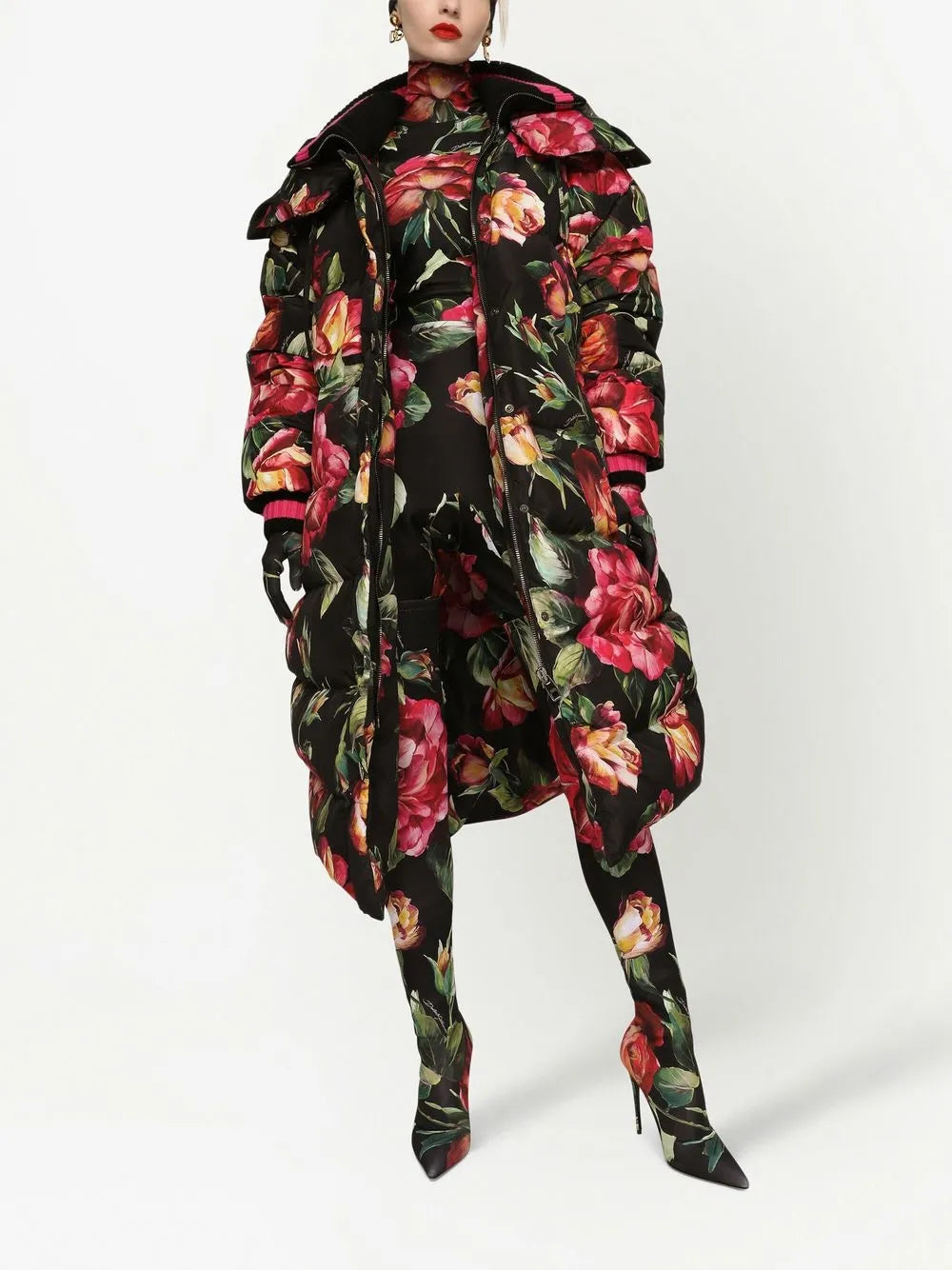 Long Floral-Print Down Jacket