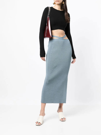 Side Ribbed-Detail Midi Skirt