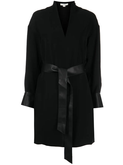 Belted-Waist V-Neck Dress