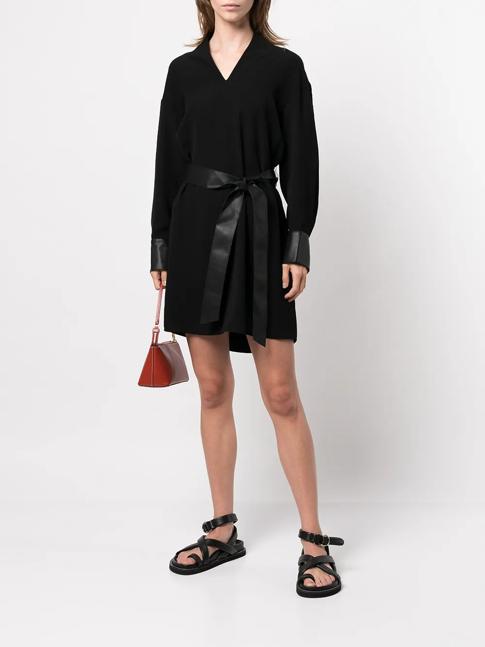 Belted-Waist V-Neck Dress