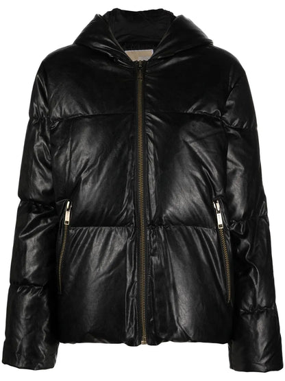 Faux-Leather Hooded Puffer Jacket