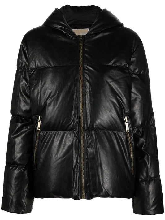 Faux-Leather Hooded Puffer Jacket