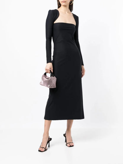 Square-Neck Long-Sleeve Midi Dress
