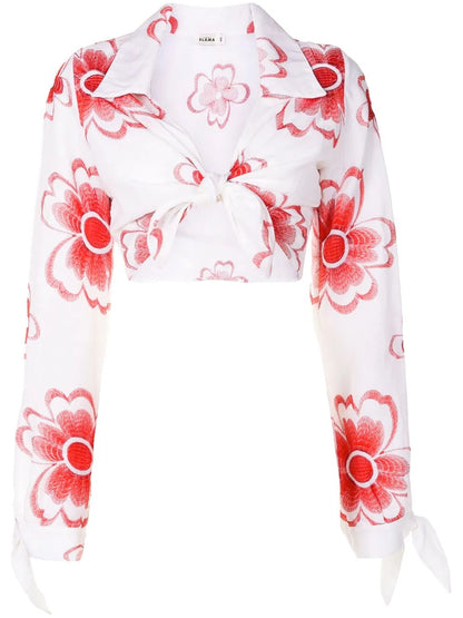 Floral-Embroidered Cropped Shirt