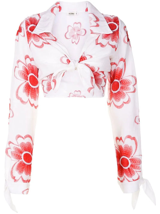 Floral-Embroidered Cropped Shirt