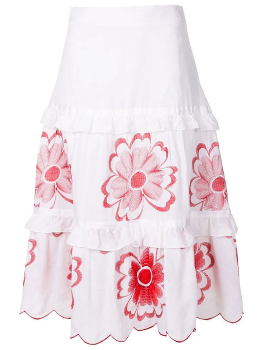 Floral-Embroidered Tiered Skirt
