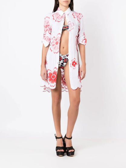 Floral-Embroidered Shirt Dress